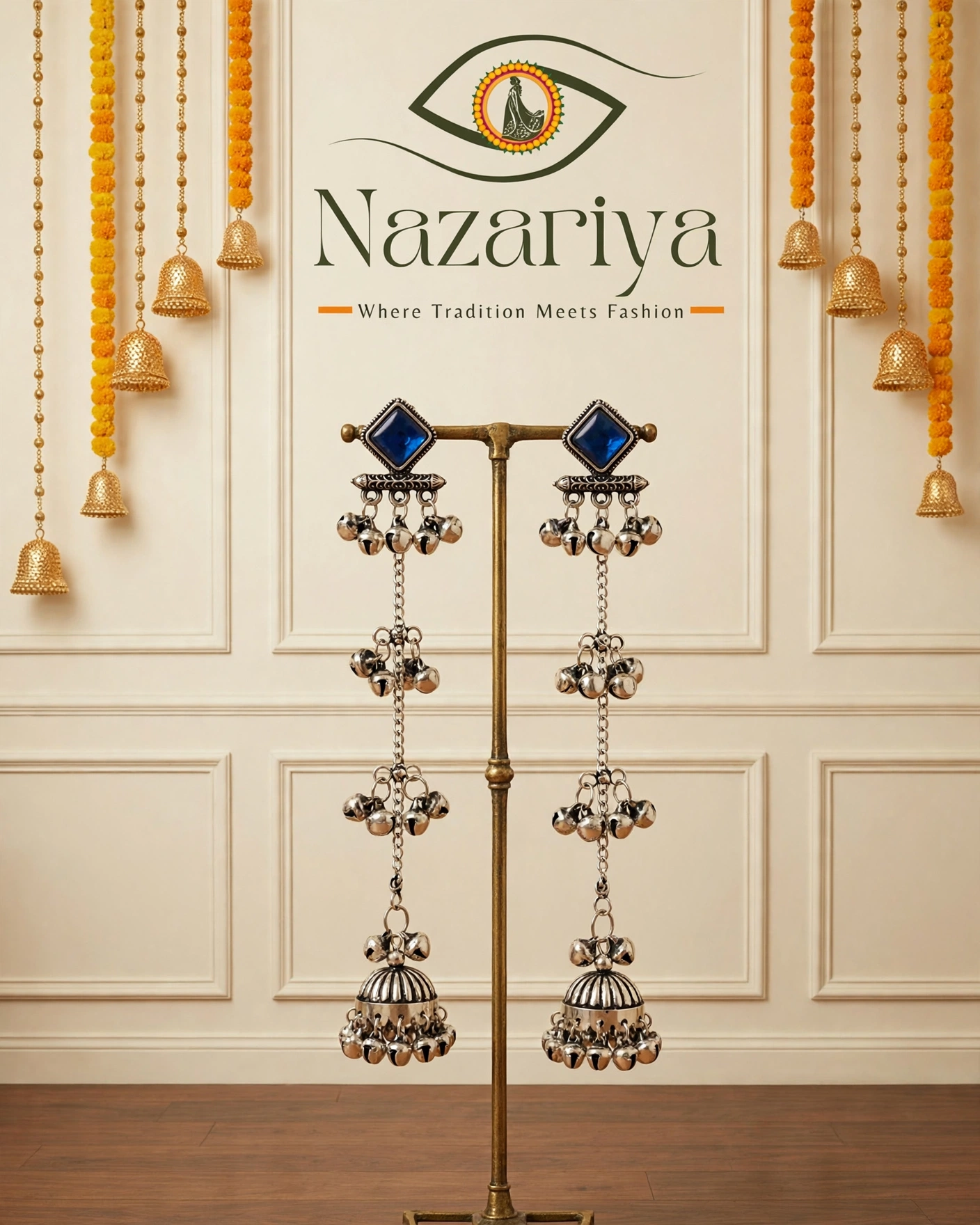 Blue Stone Long Chain Jhumkas — Indian ethnic wear Brampton