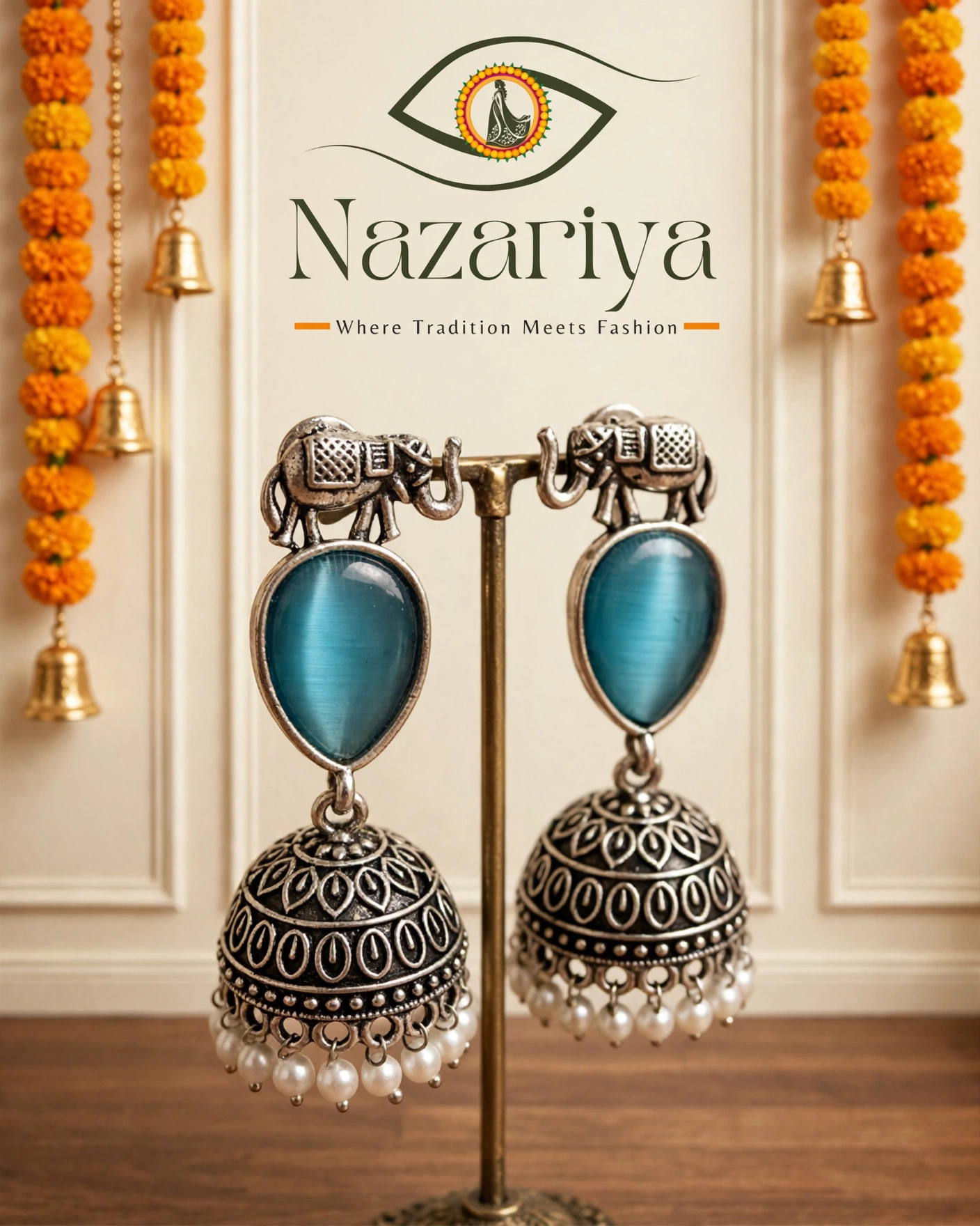 Elephant Top Teal Stone Jhumkas — Indian ethnic wear Brampton