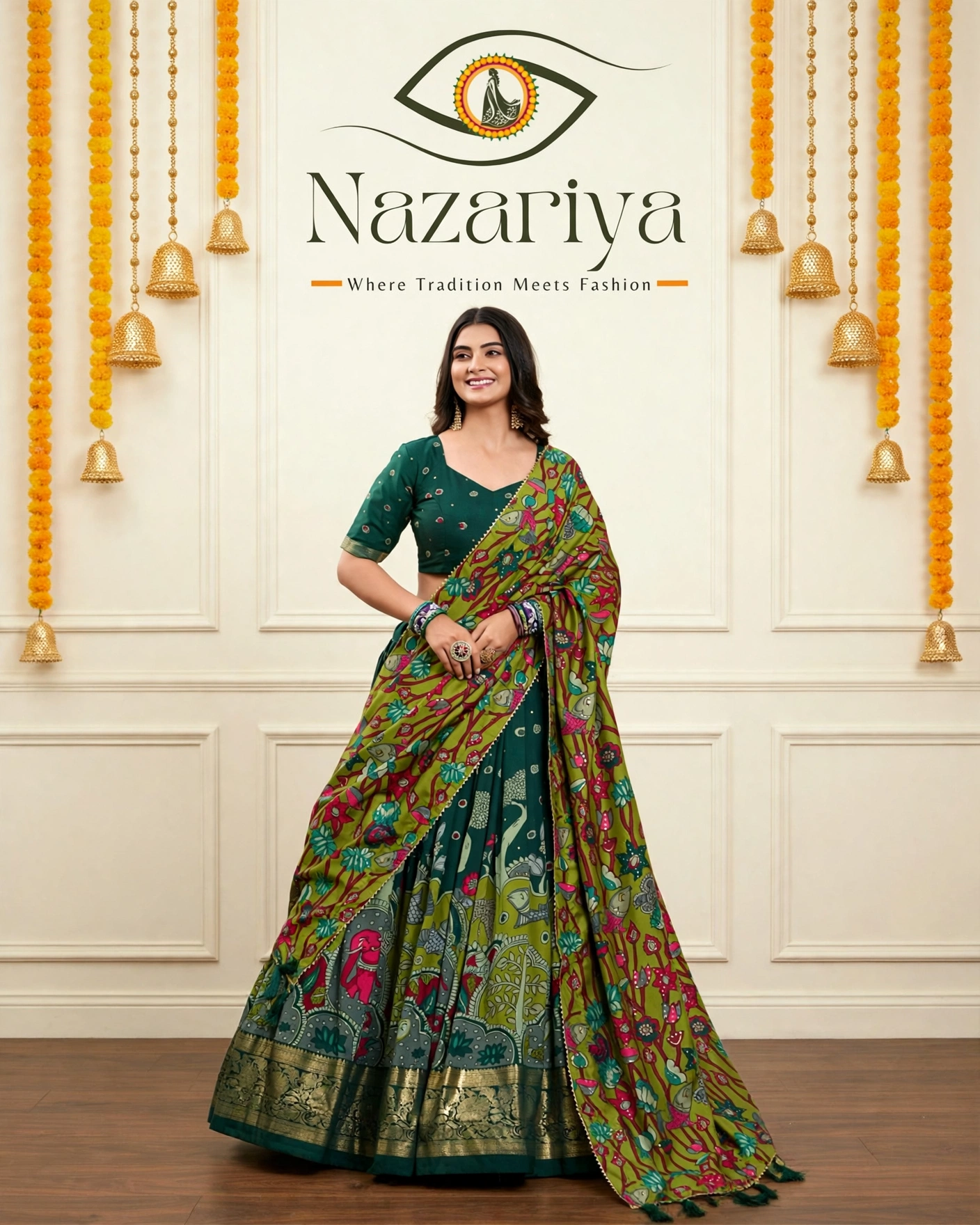 Emerald Green Kalamkari Lehenga — Indian ethnic wear Brampton