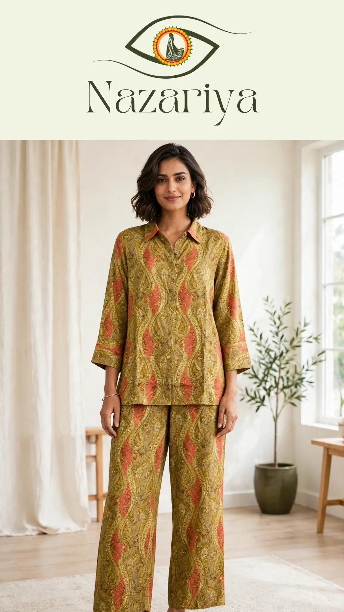 Mustard-Coral Paisley Co-ord Set — Indian ethnic wear Brampton