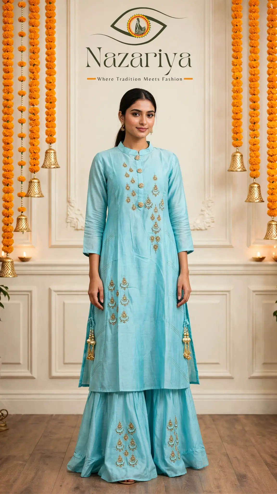 Aqua Gold-Embroidered Kurta — Indian ethnic wear Brampton