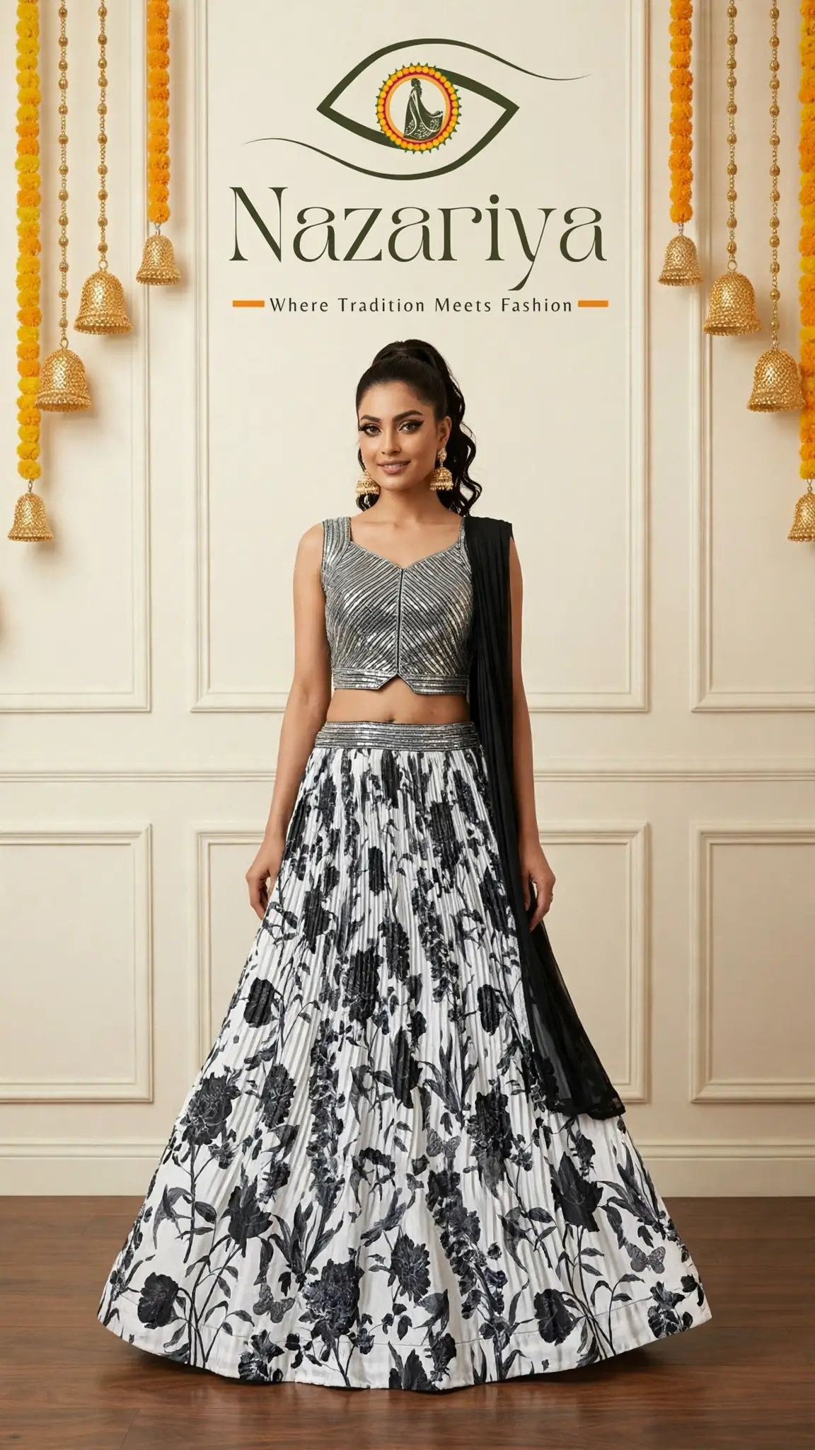 Black-White Floral Print Lehenga — Indian ethnic wear Brampton